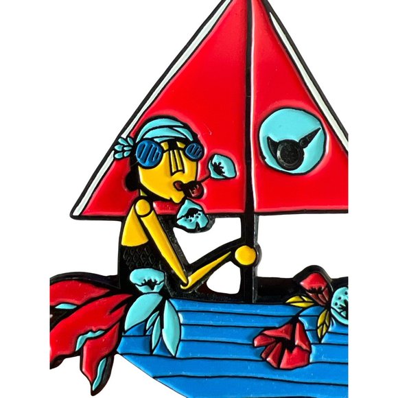 Colorful Sailboat Pin Brooch Woman Flowers Red Blue 2.5" x 2" NWOT - Picture 2 of 4